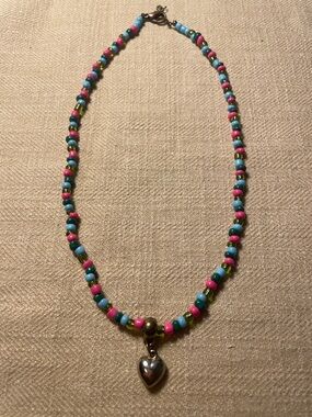 Handmade Multicolor Beaded Necklace with Silver Heart Charm 15”